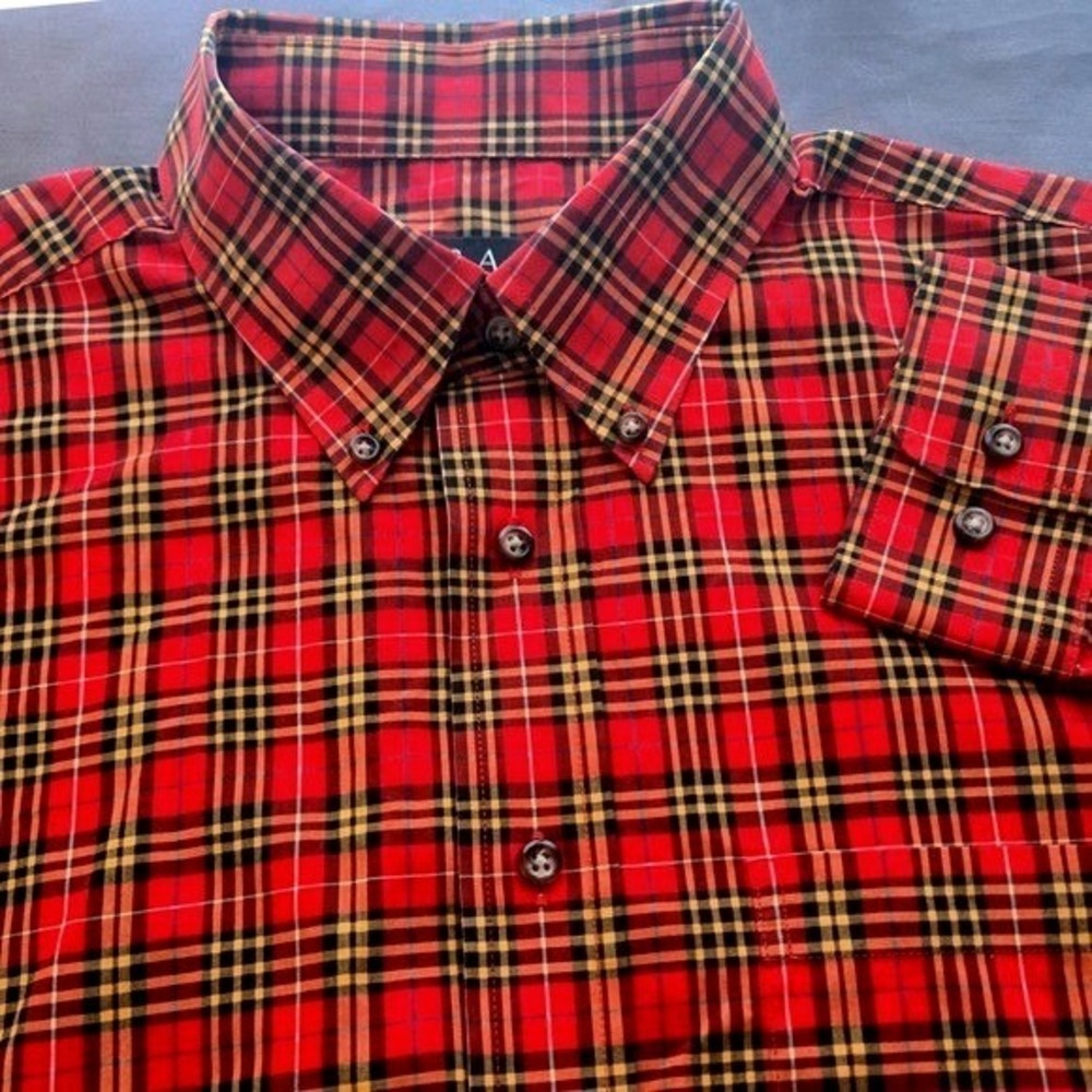Jos A Bank Travelers Collection Tailored Fit Red Plaid Button Down Shirt Large